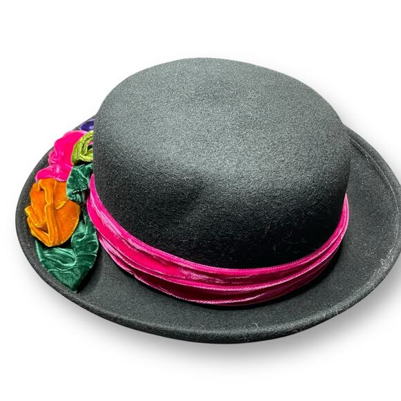 Vintage Toucan New York Hat 100% Wool Felt Bowler Derby Fedora Flowers Made USA - Picture 8 of 9